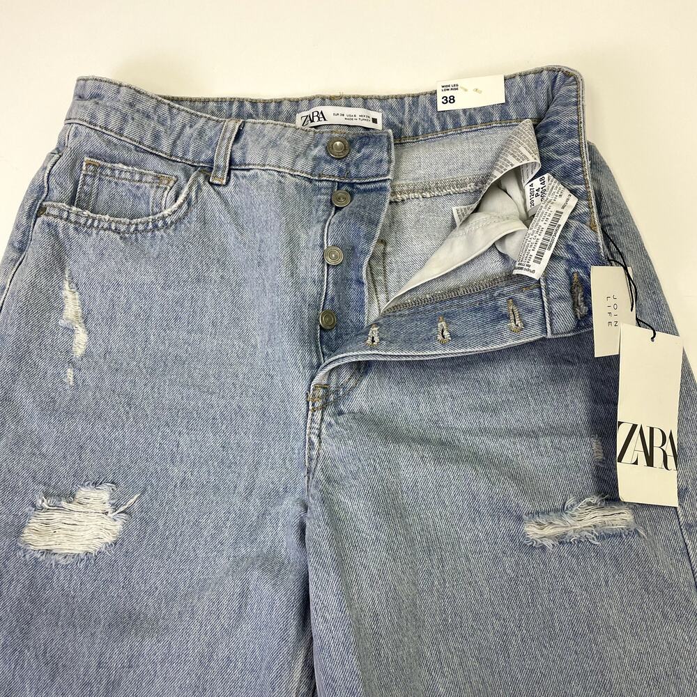 NEW ZARA Wide Leg Low Rise Jeans Size 6 Distressed - Picture 7 of 16